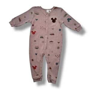 Disney Baby Romper Boys Size 18M Beige Mickey Mouse Waffle Knit Snap Front